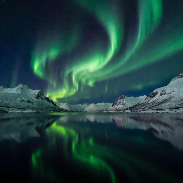 Bright green aurora swirling above a calm fjord outside Tromsø with lights of a small settlement on the shoreline